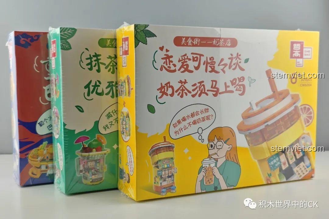 Bộ lắp ghép Phố Ẩm Thực Zhe Gao CW6004, CW6005, CW6006 với hộp đựng đầy màu sắc và hình ảnh sống động.