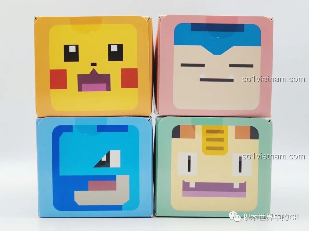 Cận cảnh các mặt trên của hộp bộ lắp ghép QMAN 73014 Pokémon, mỗi hộp là một khuôn mặt Pokémon pixel ngộ nghĩnh.