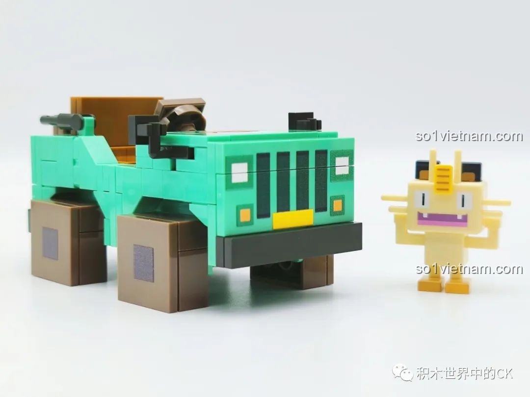 Xe Jeep Pokémon và Meowth đã hoàn thành từ bộ lắp ghép QMAN 73014 Pokémon, sẵn sàng cho cuộc phiêu lưu mới.