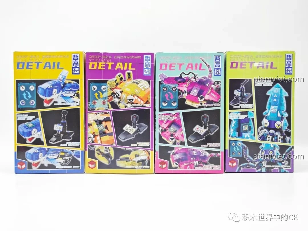 Cận cảnh mặt bên các hộp bộ lắp ghép sinh vật biển sâu Zhe Gao 662001, với các chi tiết nổi bật của từng mô hình.