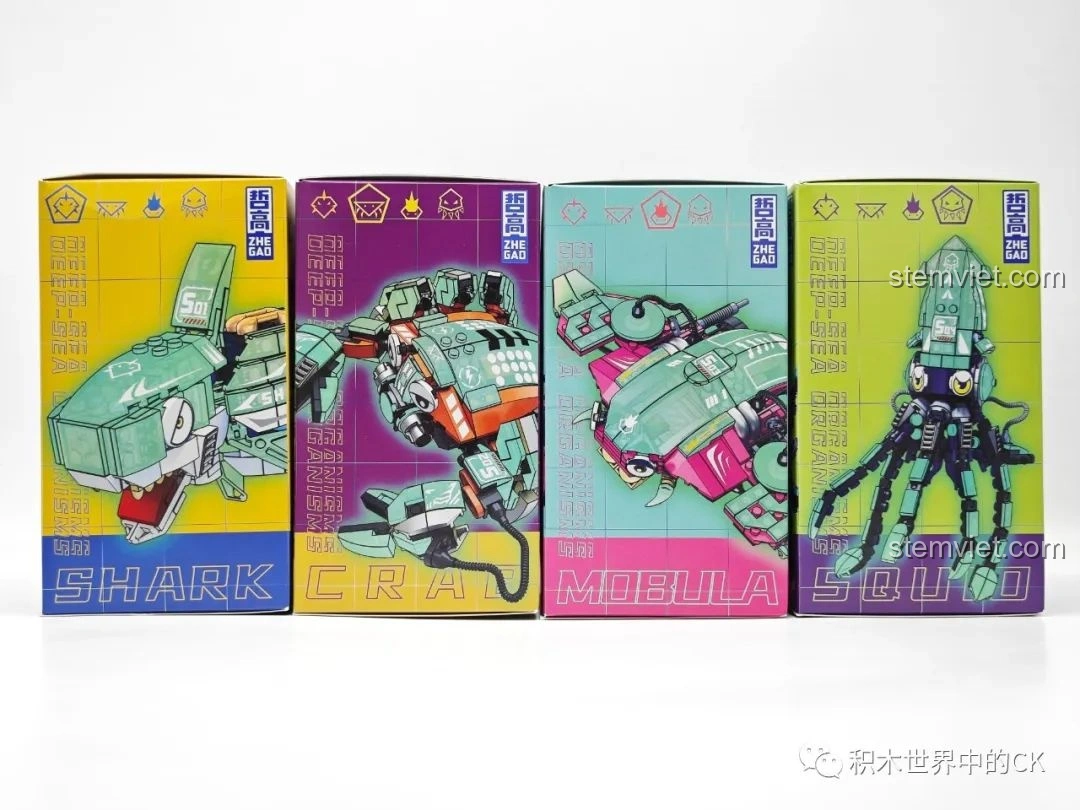 Mặt sau các hộp bộ lắp ghép sinh vật biển sâu Zhe Gao 662001, hiển thị hình ảnh mô hình hoàn chỉnh và thông tin sản phẩm.