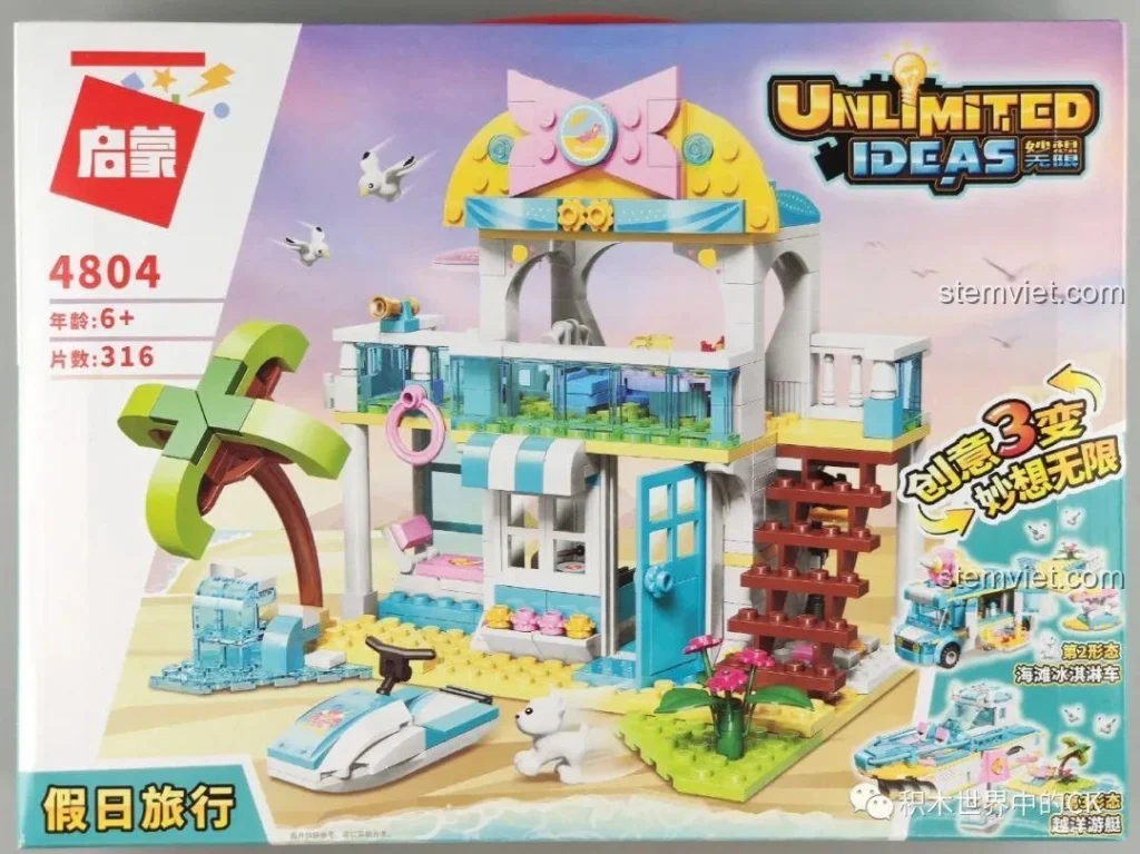 Hộp đồ chơi lắp ráp Biệt Thự Bãi Biển QMAN 4804 3 trong 1 với hình ảnh biệt thự, xe cắm trại và du thuyền, dành cho bé gái 6+.