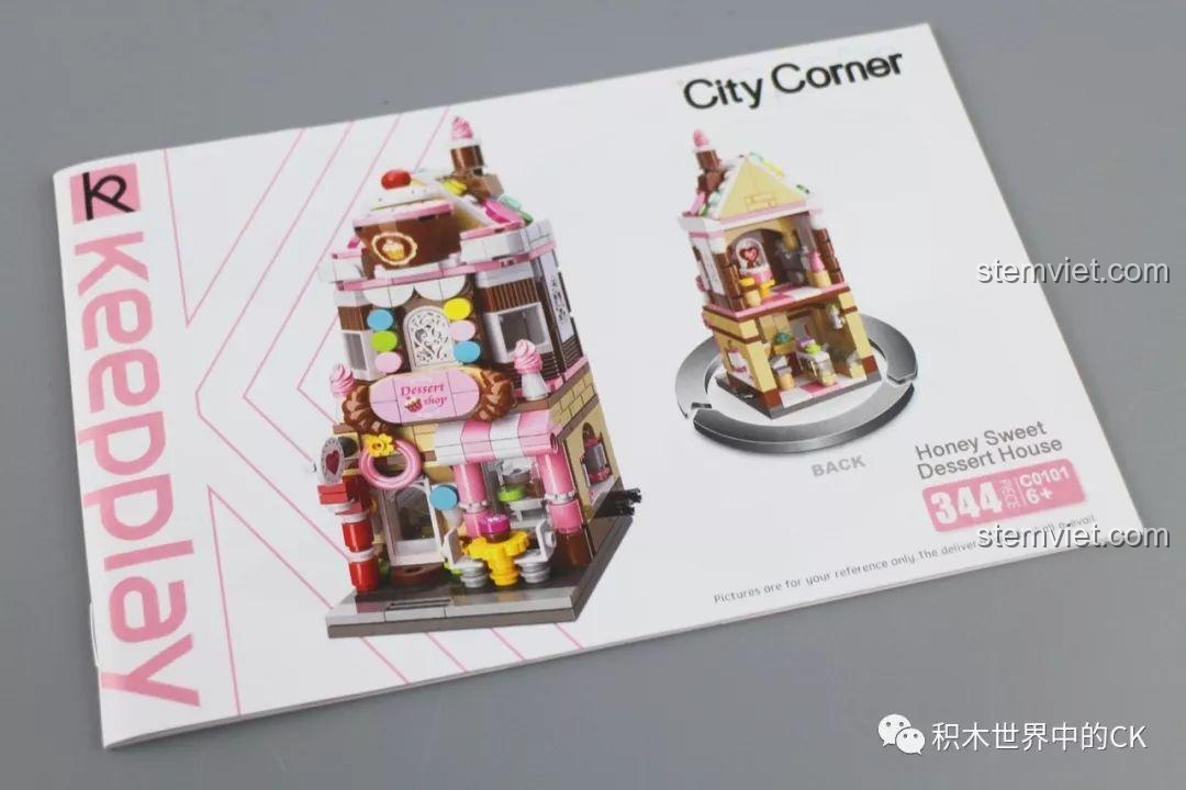Sách hướng dẫn lắp ráp chi tiết cho bộ đồ chơi Keepplay C0101 Honey Sweet Dessert House, với hình ảnh minh họa rõ ràng.