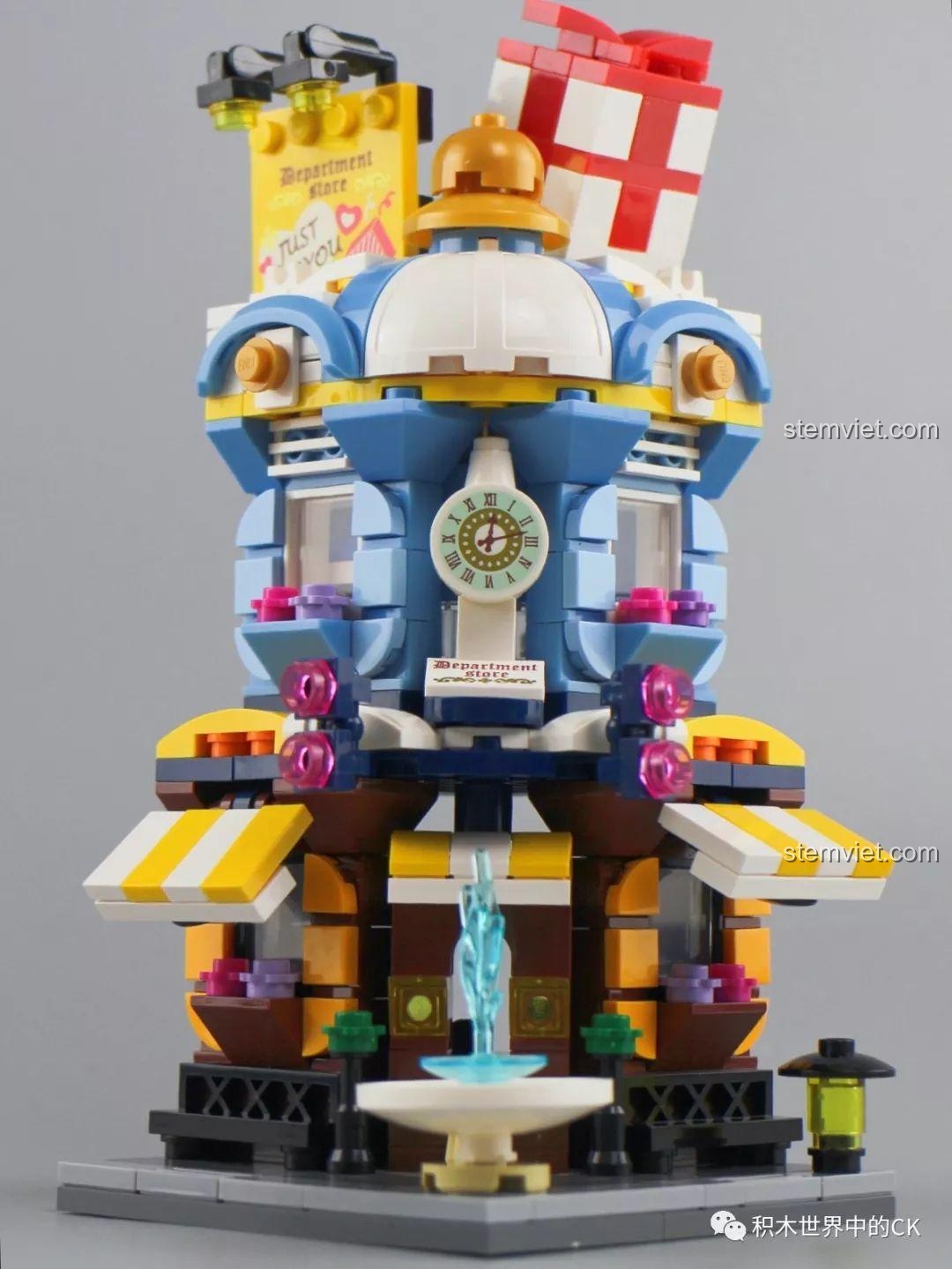 Toàn cảnh khu phố mini Keepplay City Corner khi 5 mô hình C0101-C0105 được ghép lại, tạo nên một cảnh quan đô thị sống động và đầy màu sắc.