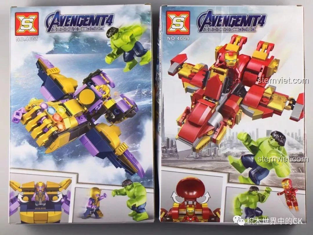 Mặt sau hộp bộ lắp ráp Mech Thanos và Hulkbuster SX 4008-4009, thể hiện các kiểu lắp ráp thay thế độc đáo.