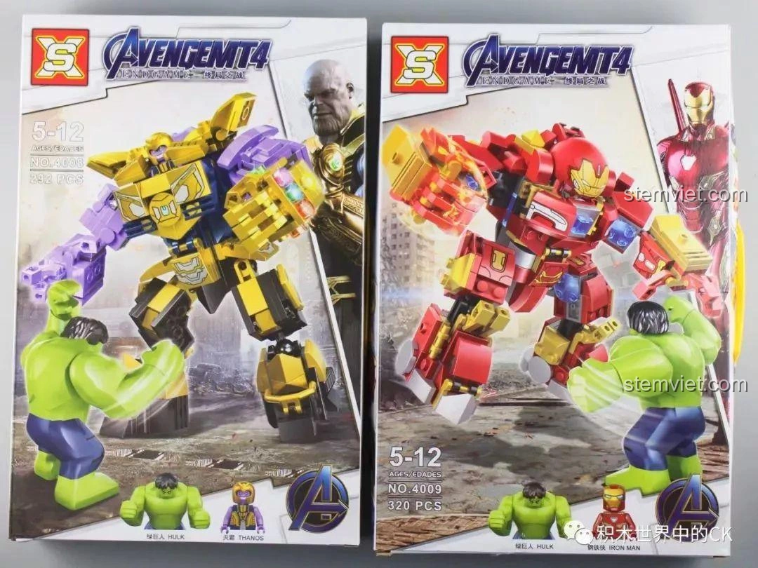 Hộp sản phẩm bộ lắp ráp Mech Thanos và Hulkbuster SX 4008-4009, đồ chơi siêu anh hùng cho bé trai 5 tuổi.