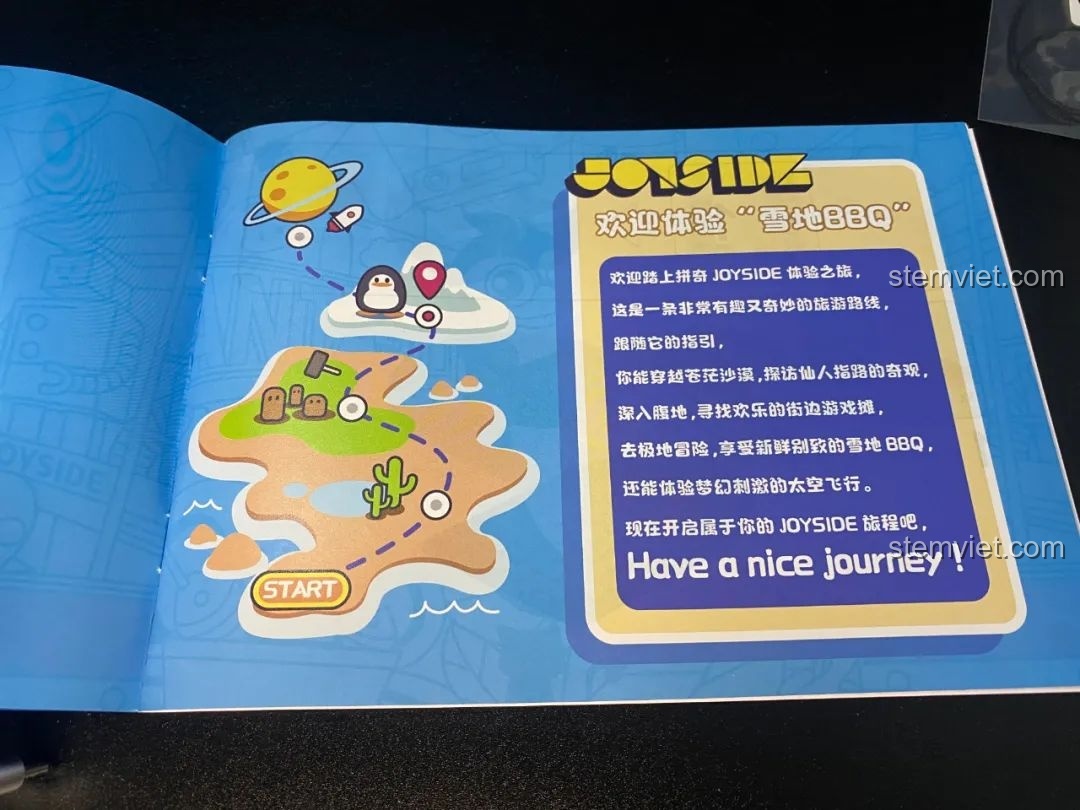 Trang đầu tiên của sách hướng dẫn lắp ráp Pantasy Joyside 61001 Snow BBQ, có hình ảnh bản đồ công viên Joyside và lời chào mừng.