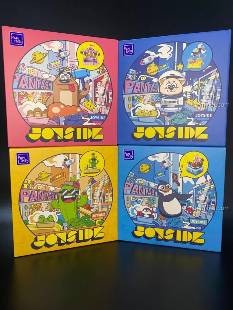 Bốn hộp đồ chơi lắp ráp Pantasy Joyside series 61001, 61002, 61003, 61004 với thiết kế mặt trước độc đáo, phong cách潮玩平面设计.
