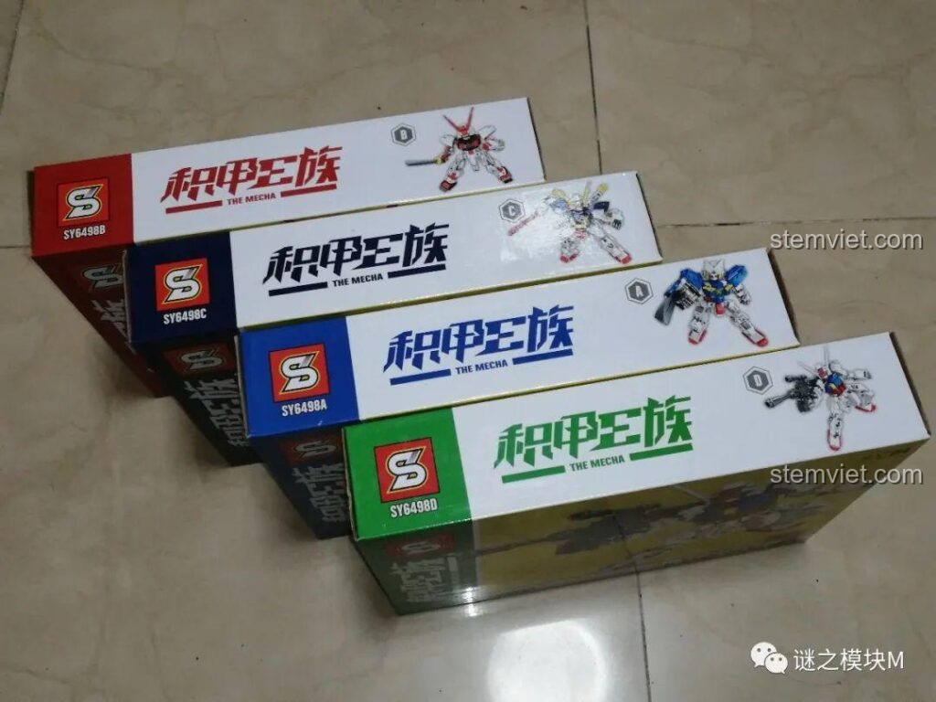 Tổng quan 4 hộp đồ chơi lắp ráp SY6498 Robot Cơ Giáp E-Tribe, mỗi hộp một mẫu Gundam độc đáo.