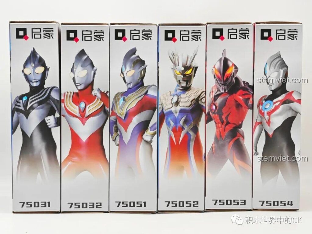 Toàn cảnh 6 hộp đồ chơi lắp ráp Ultraman Enlighten series mới, bao gồm Dark Tiga, Tiga Power, Trigger, Zero, Belial, Orb Origin, sẵn sàng cho bé trai khám phá.