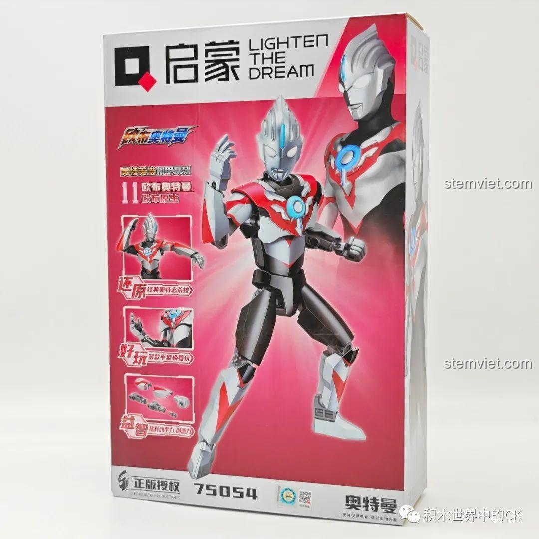 Hộp đồ chơi lắp ráp Ultraman Orb Orb Origin 75054 của Enlighten, với hình ảnh Ultraman Orb màu bạc, đỏ, đen.