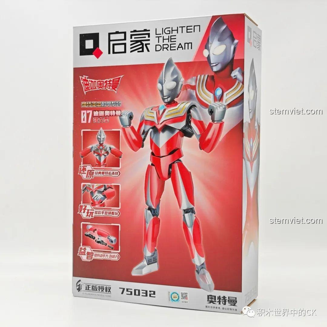 Hộp đồ chơi lắp ráp Ultraman Tiga Power Type 75032 của Enlighten, với hình ảnh Ultraman Tiga màu đỏ mạnh mẽ.