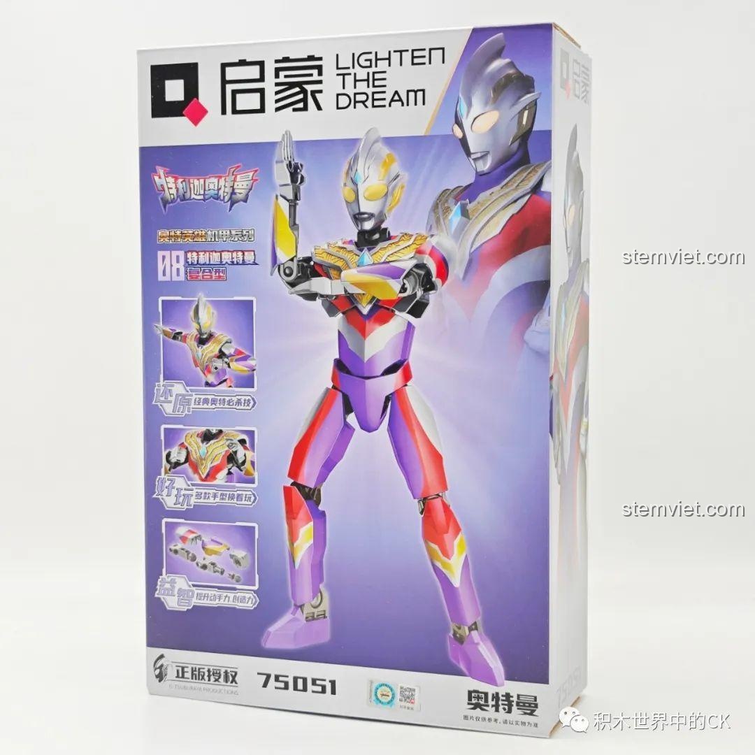 Hộp đồ chơi lắp ráp Ultraman Trigger Multi Type 75051 của Enlighten, với hình ảnh Ultraman Trigger màu tím, đỏ, vàng.