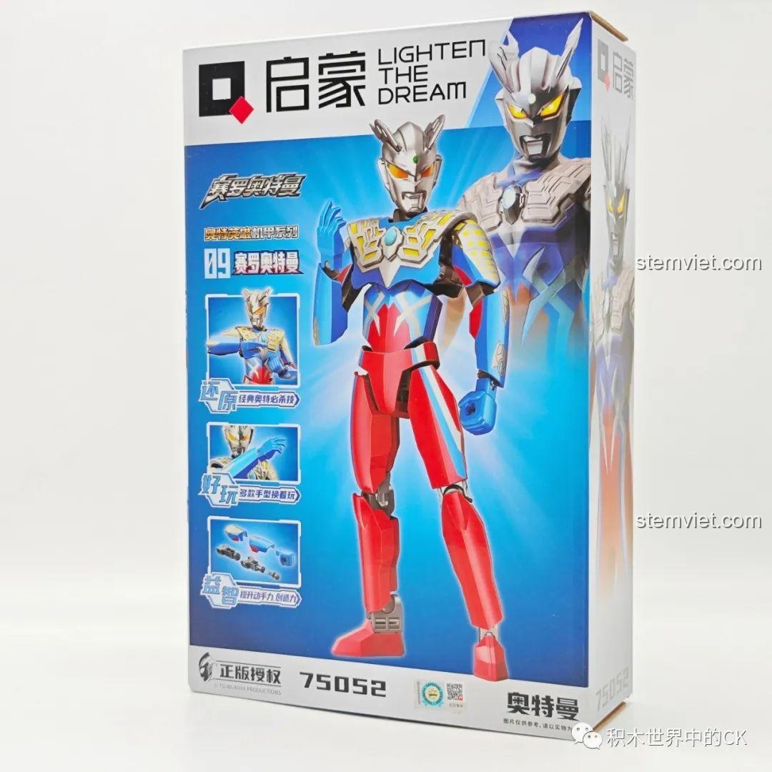 Hộp đồ chơi lắp ráp Ultraman Zero 75052 của Enlighten, với hình ảnh Ultraman Zero màu xanh, đỏ, bạc.