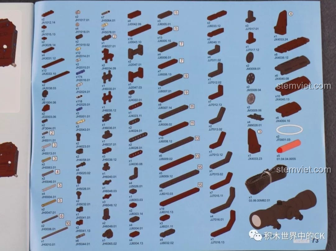 Trang cuối sách hướng dẫn lắp ráp CaDA C61010 Súng trường Mauser 98K, liệt kê đầy đủ các mảnh ghép và số lượng tương ứng.