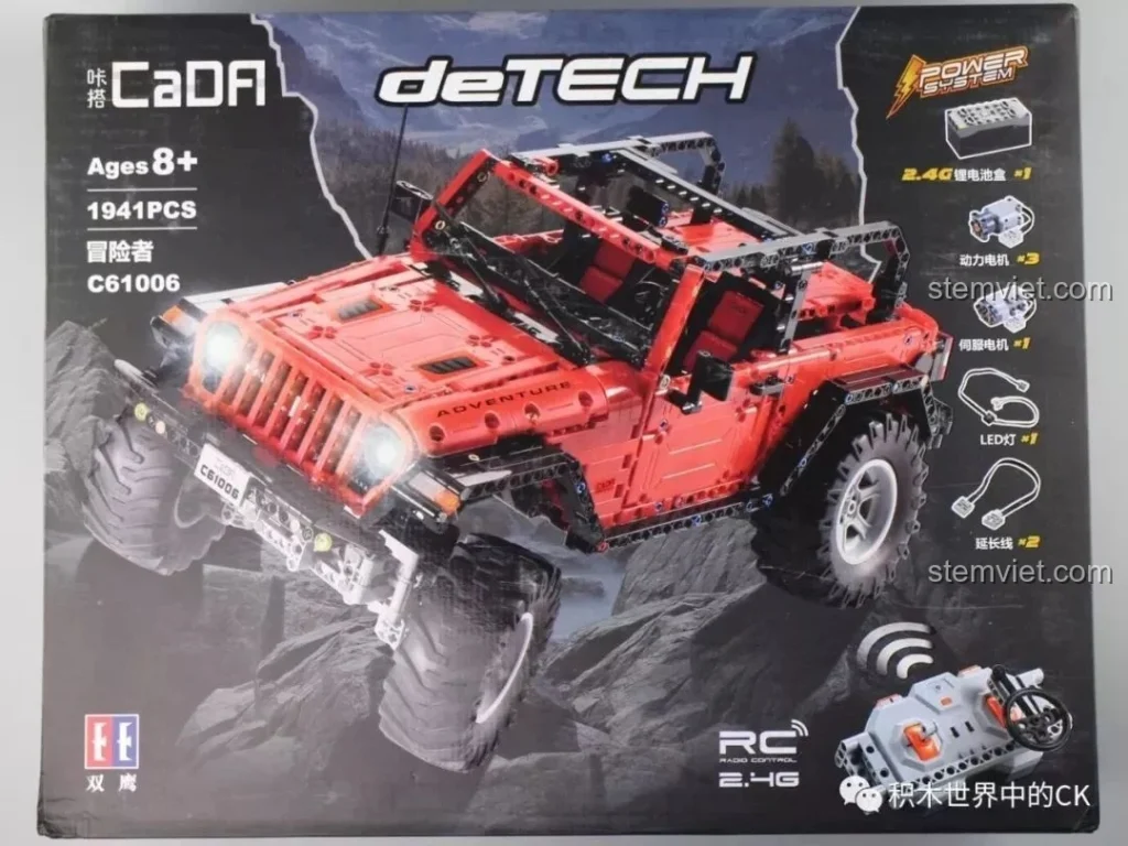 Hộp đồ chơi lắp ráp CaDA C61006 Jeep Wrangler Rubicon màu đỏ, hiển thị các tính năng điều khiển từ xa và số chi tiết 1941 mảnh.