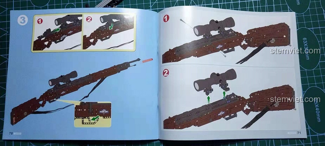 Sách hướng dẫn lắp ráp chi tiết của bộ đồ chơi lắp ráp Súng bắn tỉa Kar98k cho trẻ em 8+, với các bước rõ ràng.
