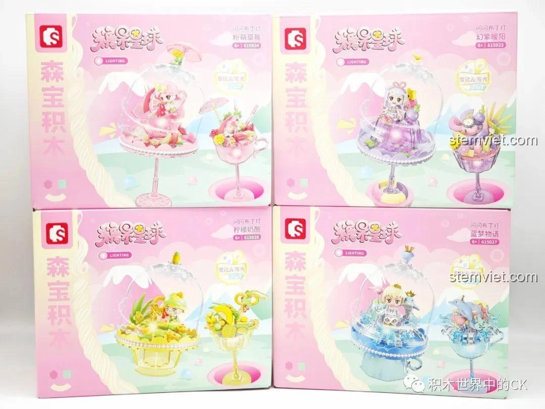 Tổng quan 4 hộp đồ chơi lắp ráp Đèn Bánh Pudding Lấp Lánh SEMBO từ series Hành Tinh Kẹo Ngọt, màu sắc tươi sáng, thu hút bé gái.