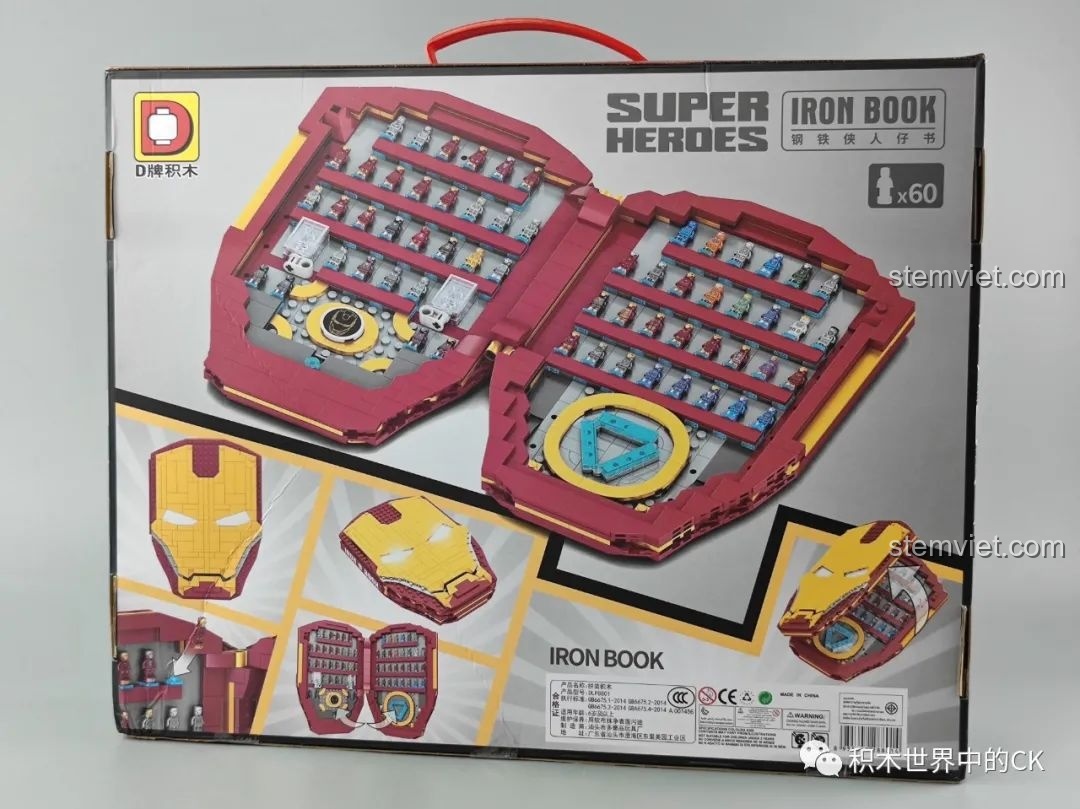 Mặt sau hộp Sách Minifigure Người Sắt Iron Book DLP8801 hiển thị thiết kế sách mở và 60 minifigure Iron Man.