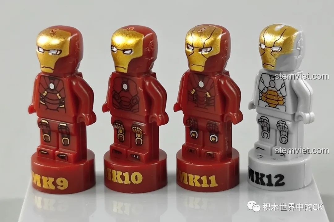 Bốn minifigure Iron Man MK9, MK10, MK11, MK12 với màu sắc và chi tiết in ấn đa dạng trong bộ DLP8801.