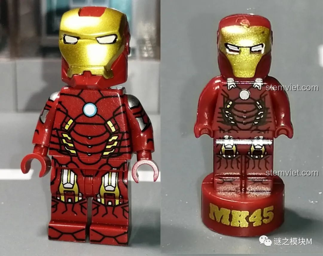 So sánh minifigure Iron Man MK45 bị lỗi in với MK7, cho thấy sự nhầm lẫn trong thiết kế của DLP8801.