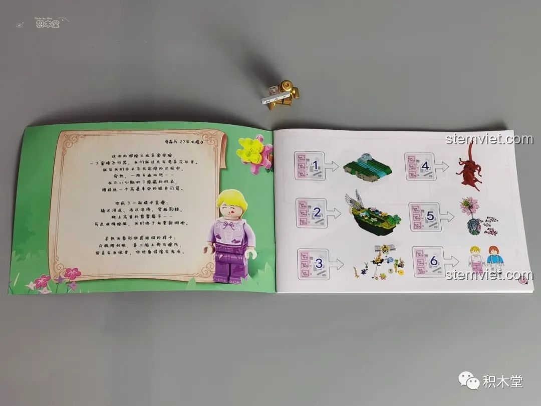 Nội dung sách hướng dẫn lắp ráp bộ Pantasy 15002 Mỹ Nhân Trong Lồng, có phần kể chuyện và các bước lắp rõ ràng, phù hợp cho bé gái.