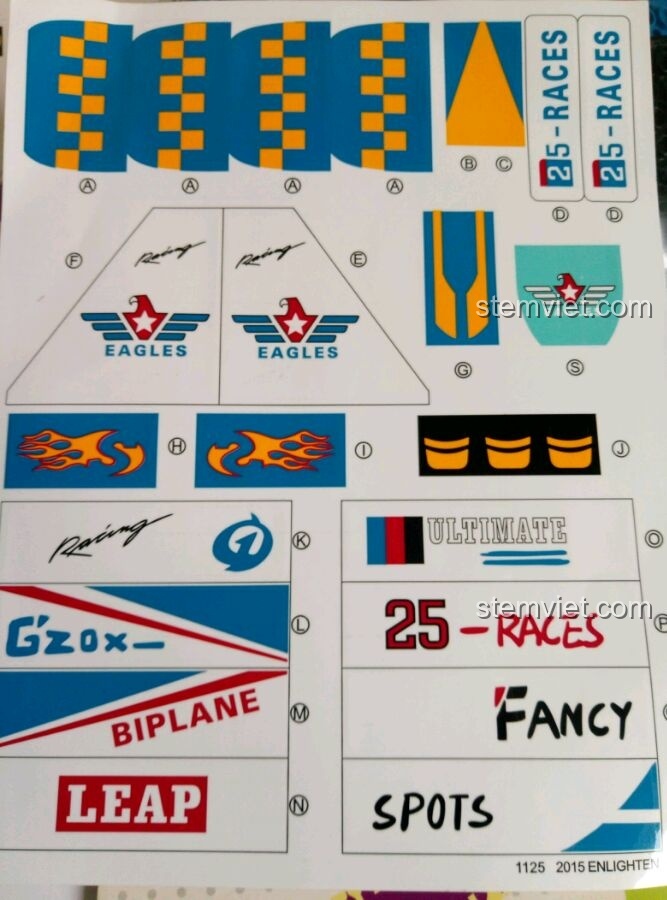 Tấm sticker chi tiết của bộ đồ chơi lắp ráp Enlighten 1125 Máy bay biểu diễn hai cánh, với nhiều họa tiết trang trí độc đáo.