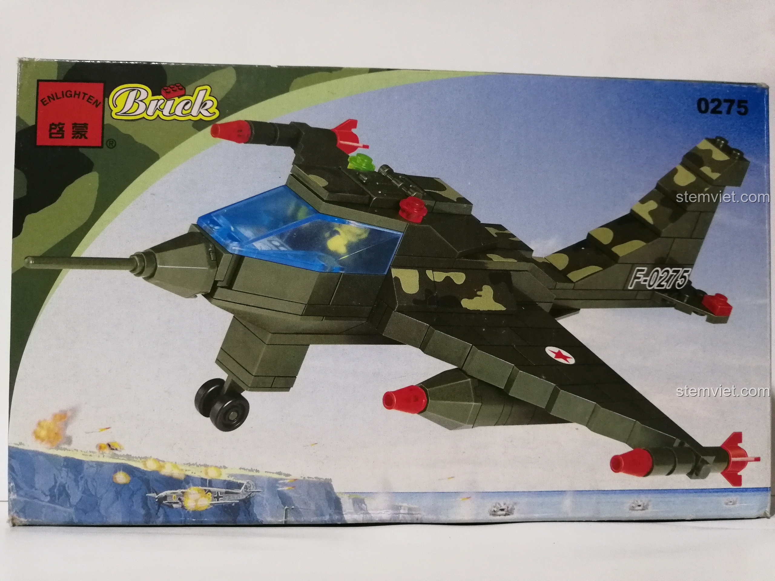 Ảnh chụp rõ nét mặt trước hộp đồ chơi Enlighten 275 Máy bay phản lực chiến đấu với logo Enlighten Brick và mã sản phẩm 0275.