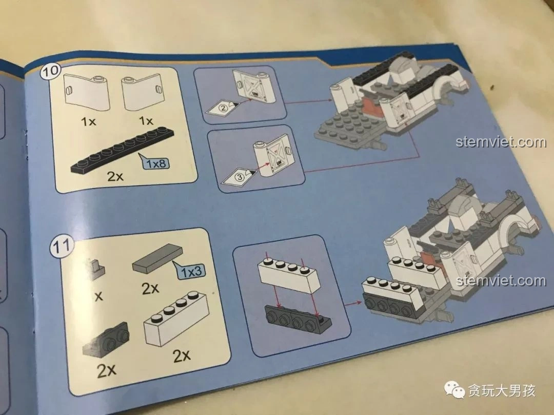 Trang hướng dẫn lắp ráp bộ lắp ghép Enlighten 3201 Xe Bán Tải Quân Sự ThunderMission, với các bước rõ ràng và màu sắc phân biệt. Trải nghiệm Enlighten 3201.