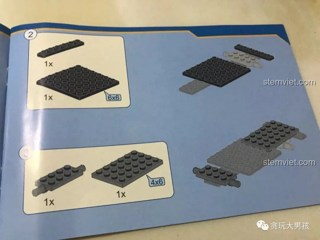 Một trang khác của sách hướng dẫn lắp ráp bộ đồ chơi xây dựng Enlighten 3201 Xe Bán Tải Quân Sự ThunderMission, minh họa các bước cơ bản. Nhận xét Enlighten 3201.