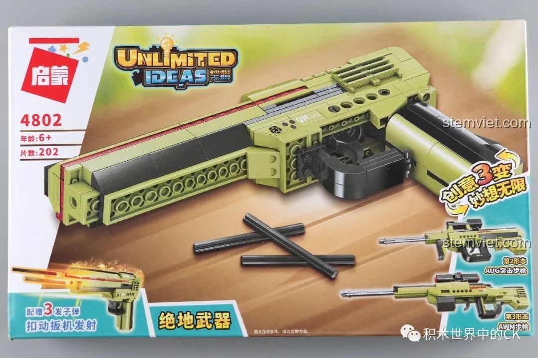 Hộp đồ chơi lắp ráp Enlighten 4802 Súng Quân Sự 3 Trong 1 Tuyệt Địa Vũ Khí với hình ảnh súng lục và các biến thể súng trường, súng bắn tỉa.