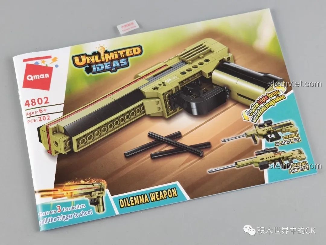 Sách hướng dẫn lắp ráp đồ chơi Enlighten 4802 Súng Quân Sự 3 Trong 1, hiển thị hình ảnh súng lục và thông tin cơ bản.