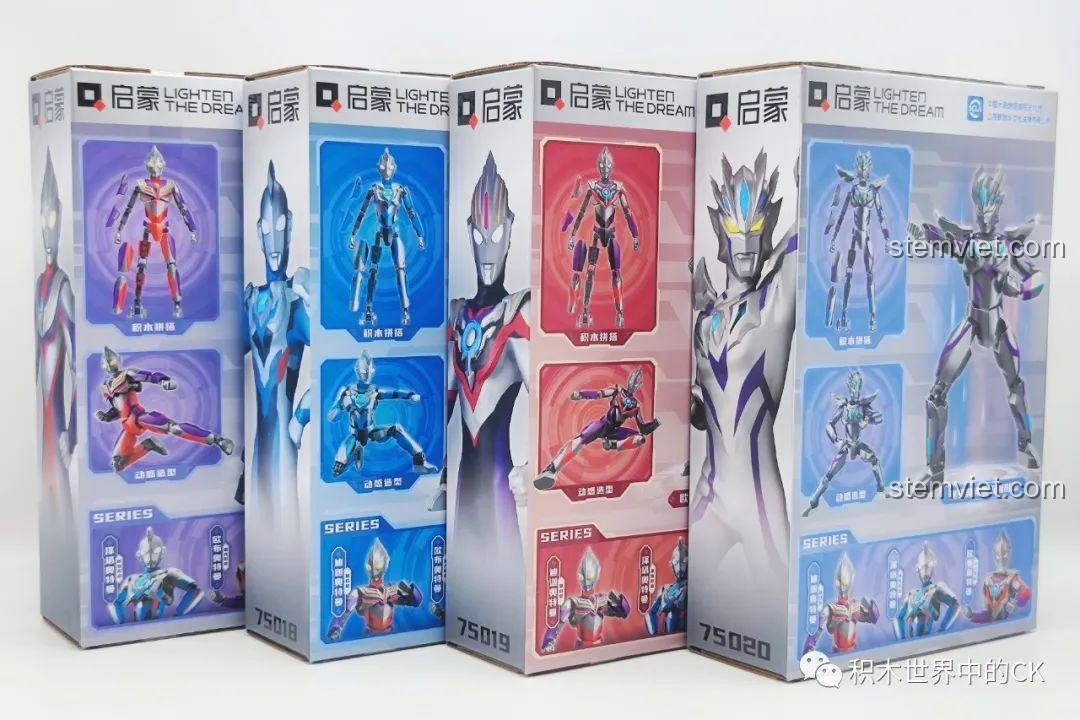 Mặt sau hộp bộ lắp ráp Enlighten Ultraman 75017-75020, với các tư thế hành động của mô hình.