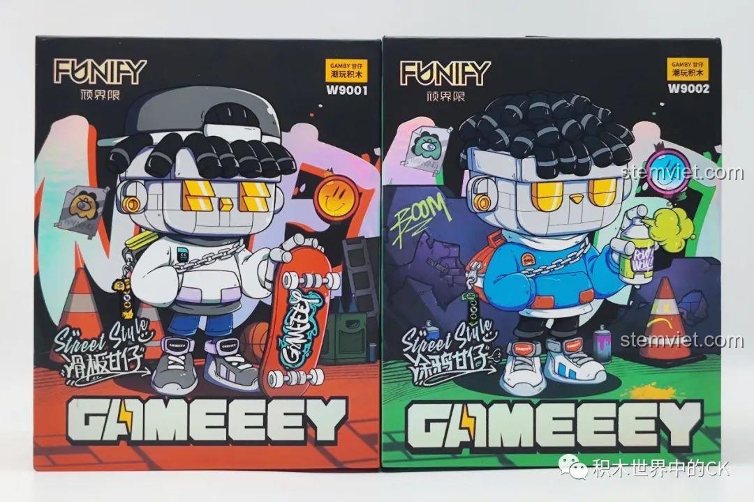 Hộp đồ chơi mô hình Gameeey Trượt Ván W9001 và Gameeey Phun Sơn W9002 của Funify, thiết kế phong cách đường phố.