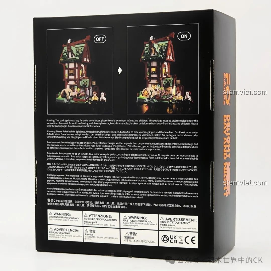 Mặt sau hộp FunWhole F9024 Tiệm Thuốc Thời Trung Cổ, thể hiện tính năng đèn LED bật/tắt của mô hình.
