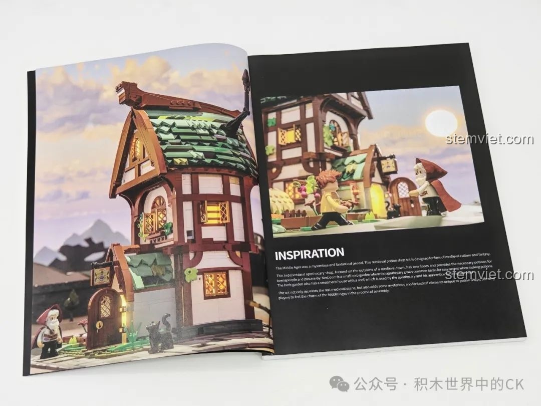 Trang về cảm hứng thiết kế của bộ FunWhole F9024 Tiệm Thuốc Thời Trung Cổ, với hình ảnh minh họa.