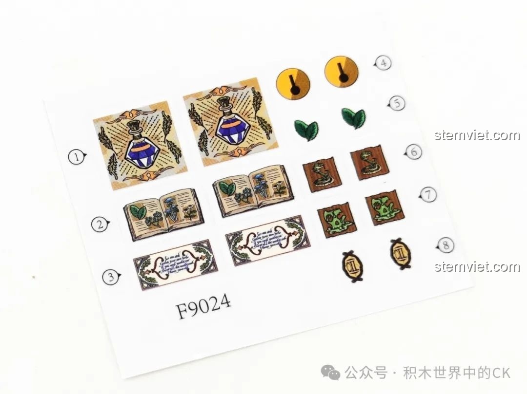 Tấm decal chi tiết cho bộ FunWhole F9024 Tiệm Thuốc Thời Trung Cổ, với các biểu tượng giả kim.