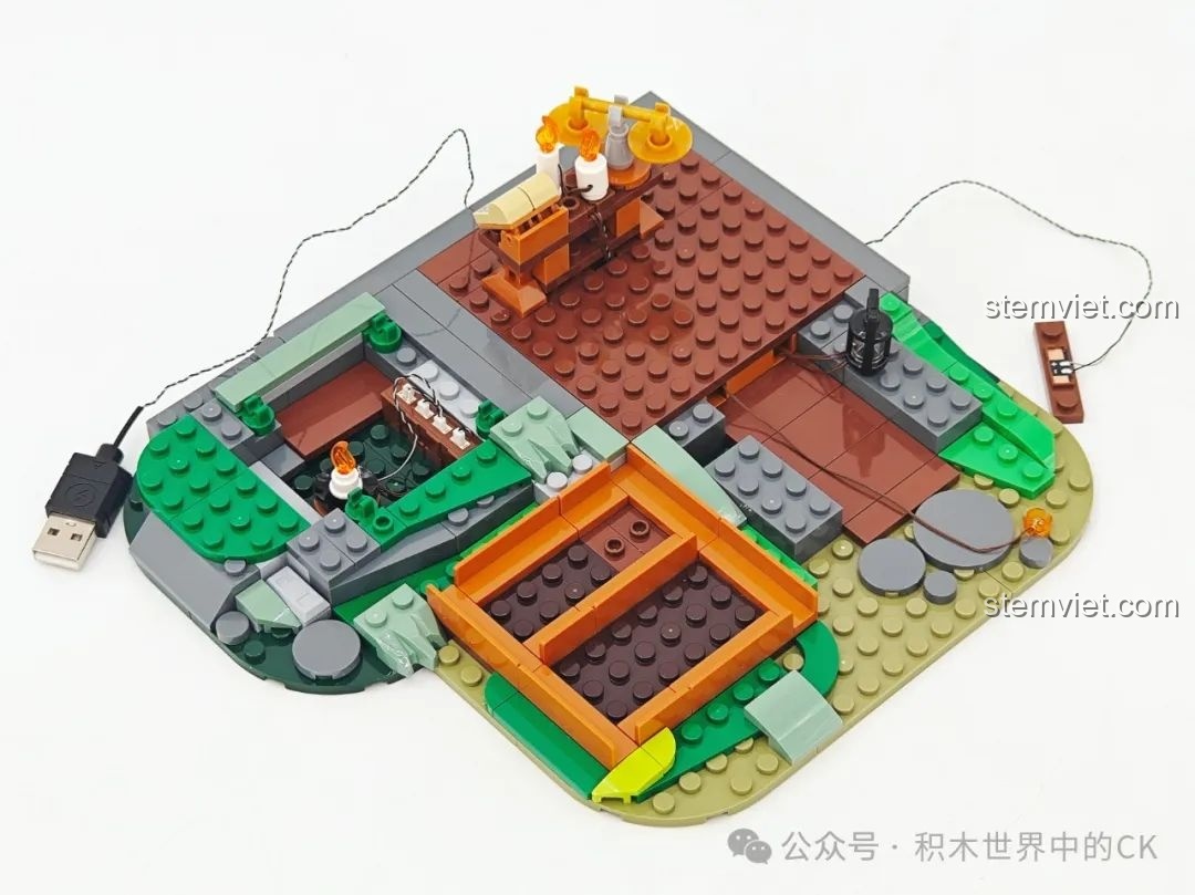 Quá trình lắp ráp bộ FunWhole F9024 Tiệm Thuốc Thời Trung Cổ, phần nền và dây đèn LED.