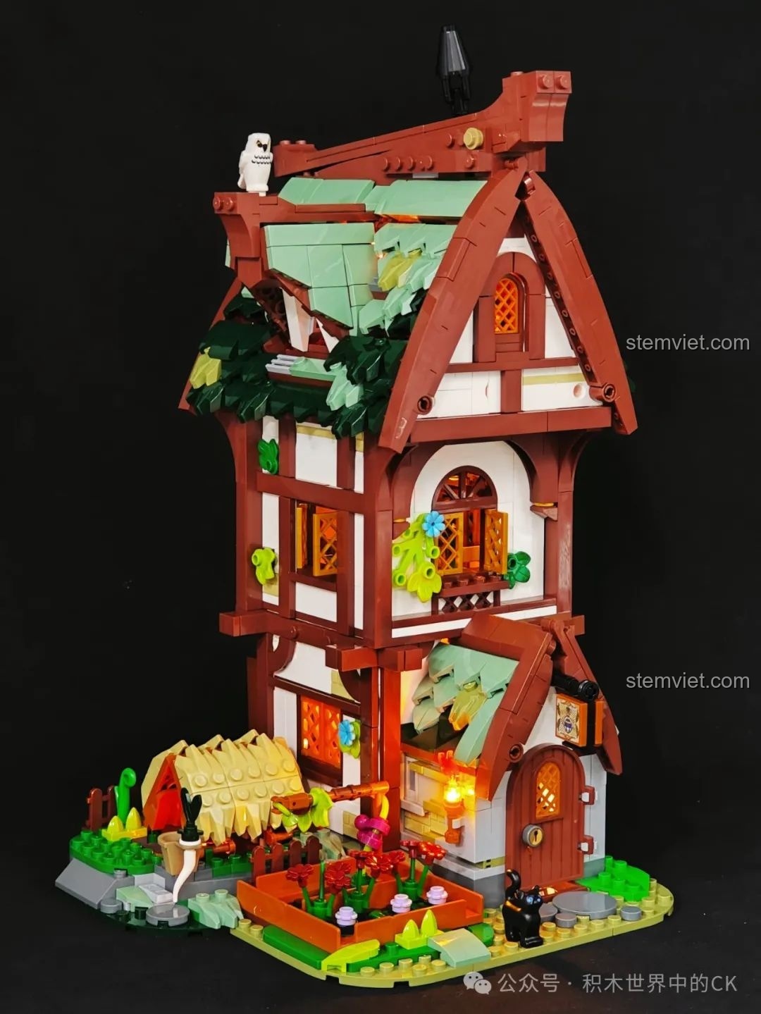 Góc nhìn nghiêng của mô hình FunWhole F9024 Tiệm Thuốc Thời Trung Cổ, thể hiện kiến trúc.