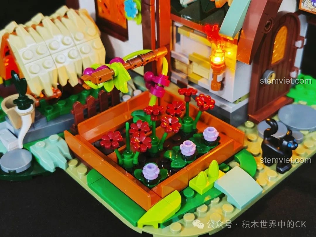 Cận cảnh bàn bào chế thuốc trong bộ FunWhole F9024 Tiệm Thuốc Thời Trung Cổ, với lọ thuốc và sách.