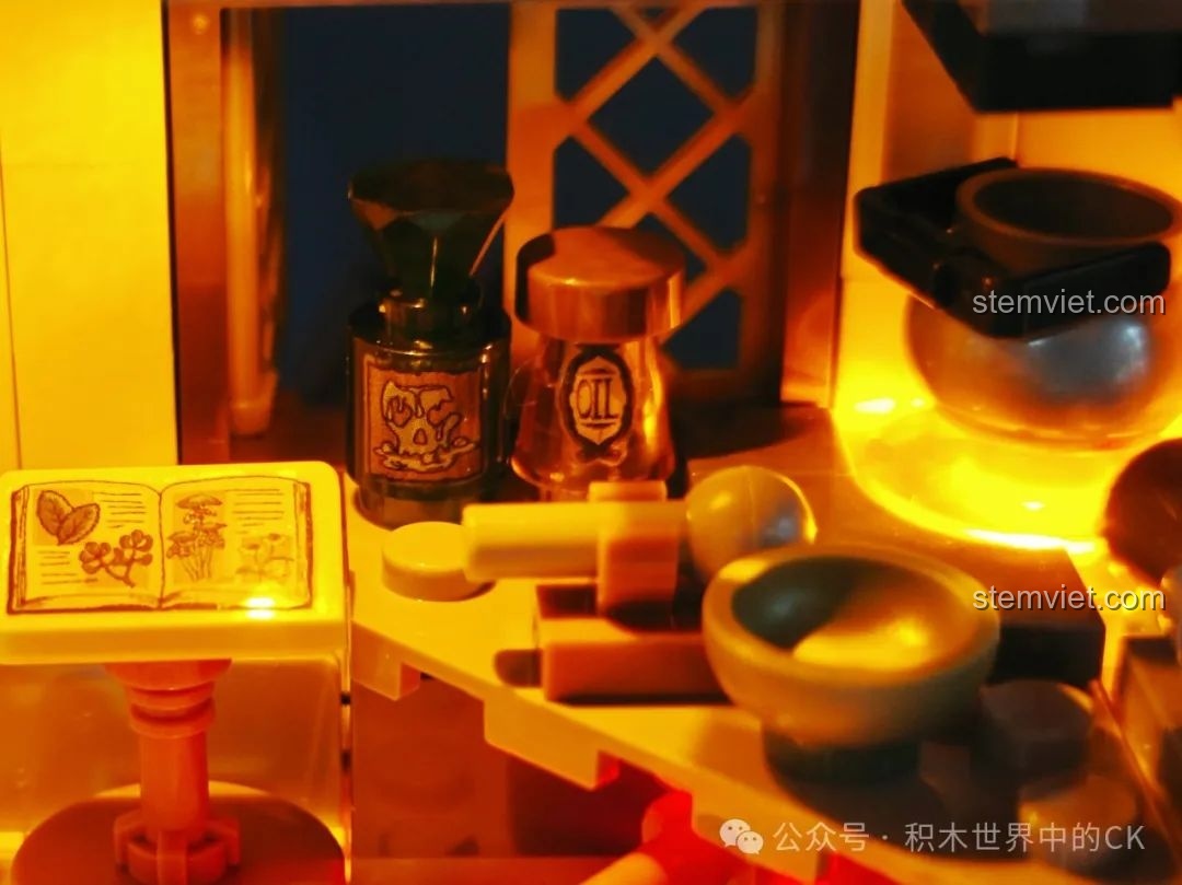 Mô hình FunWhole F9024 Tiệm Thuốc Thời Trung Cổ với đèn LED bật sáng, trong không gian tối.