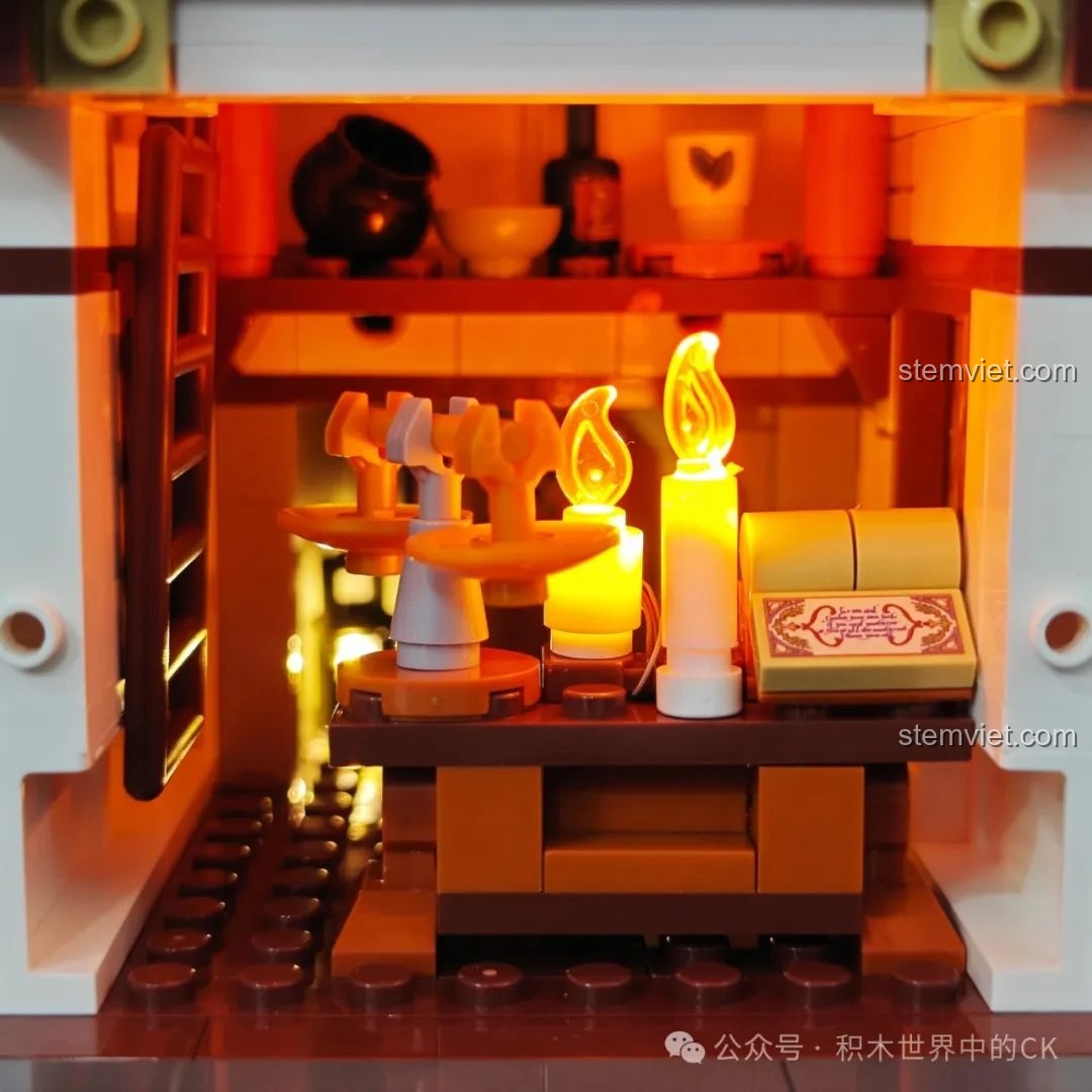 Mặt sau của mô hình FunWhole F9024 Tiệm Thuốc Thời Trung Cổ với đèn LED bật sáng.