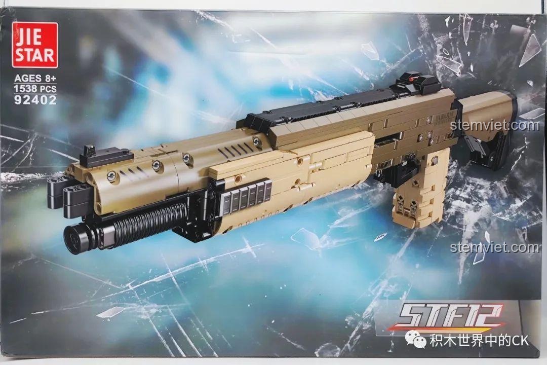 Hộp sản phẩm bộ lắp ráp súng shotgun STF-12 JIESTAR 92402 với hình ảnh mô hình súng hoàn chỉnh và thông tin số chi tiết 1538.
