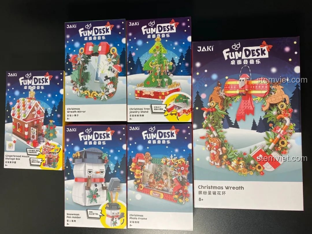 Tổng quan các hộp đồ chơi lắp ráp JAKI FunDesk Giáng Sinh, mỗi hộp là một bất ngờ thú vị cho mùa lễ hội.