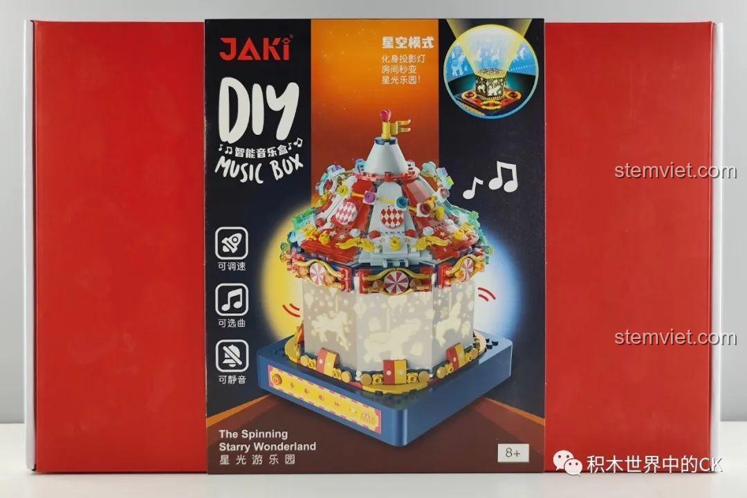 Hộp sản phẩm Hộp nhạc thông minh Công viên giải trí ánh sao JAKI JK1366 với thiết kế bắt mắt và thông tin chi tiết. Trải nghiệm JAKI JK1366 Mô hình hộp nhạc tinh tú.