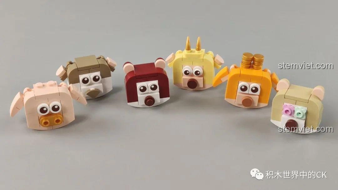 Sáu đầu thú cưng đáng yêu đã được lắp ráp, sẵn sàng gắn lên vòng quay, điểm nhấn của bộ JAKI JK1601 Hộp nhạc Vòng quay thú cưng.