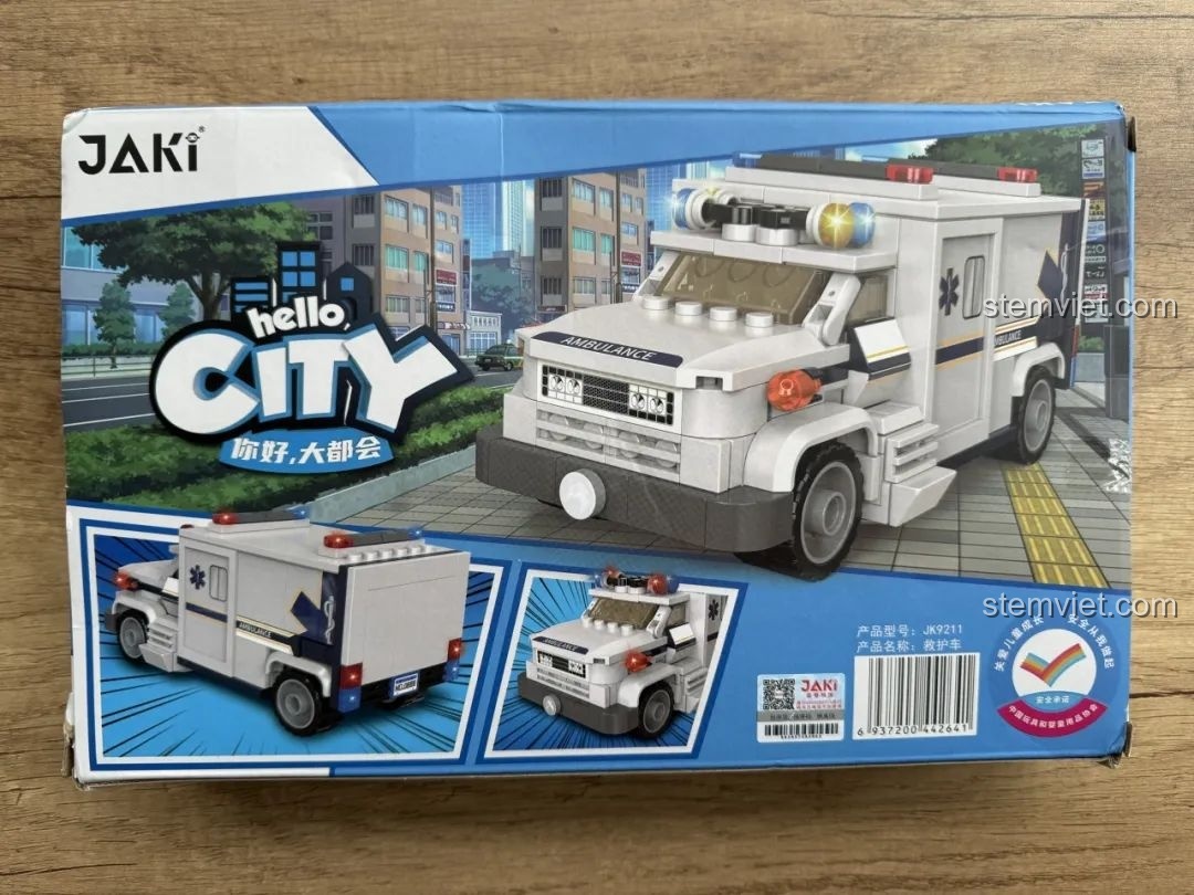 Mặt sau hộp đồ chơi lắp ráp JAKI JK9211 Xe Cứu Thương với các hình ảnh mô hình từ nhiều góc độ.
