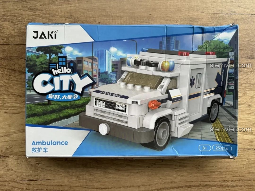 Hộp đồ chơi lắp ráp JAKI JK9211 Xe Cứu Thương với hình ảnh xe hoàn chỉnh và thông tin sản phẩm.