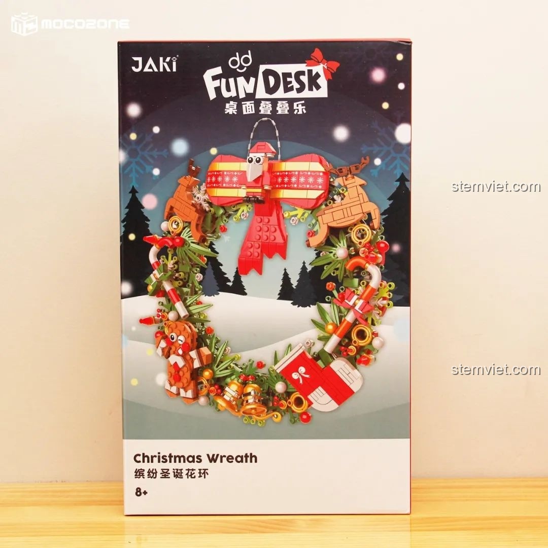 Hộp sản phẩm đồ chơi lắp ráp JAKI JK5118 Vòng Hoa Giáng Sinh Đa Sắc, với hình ảnh vòng hoa trang trí đẹp mắt.