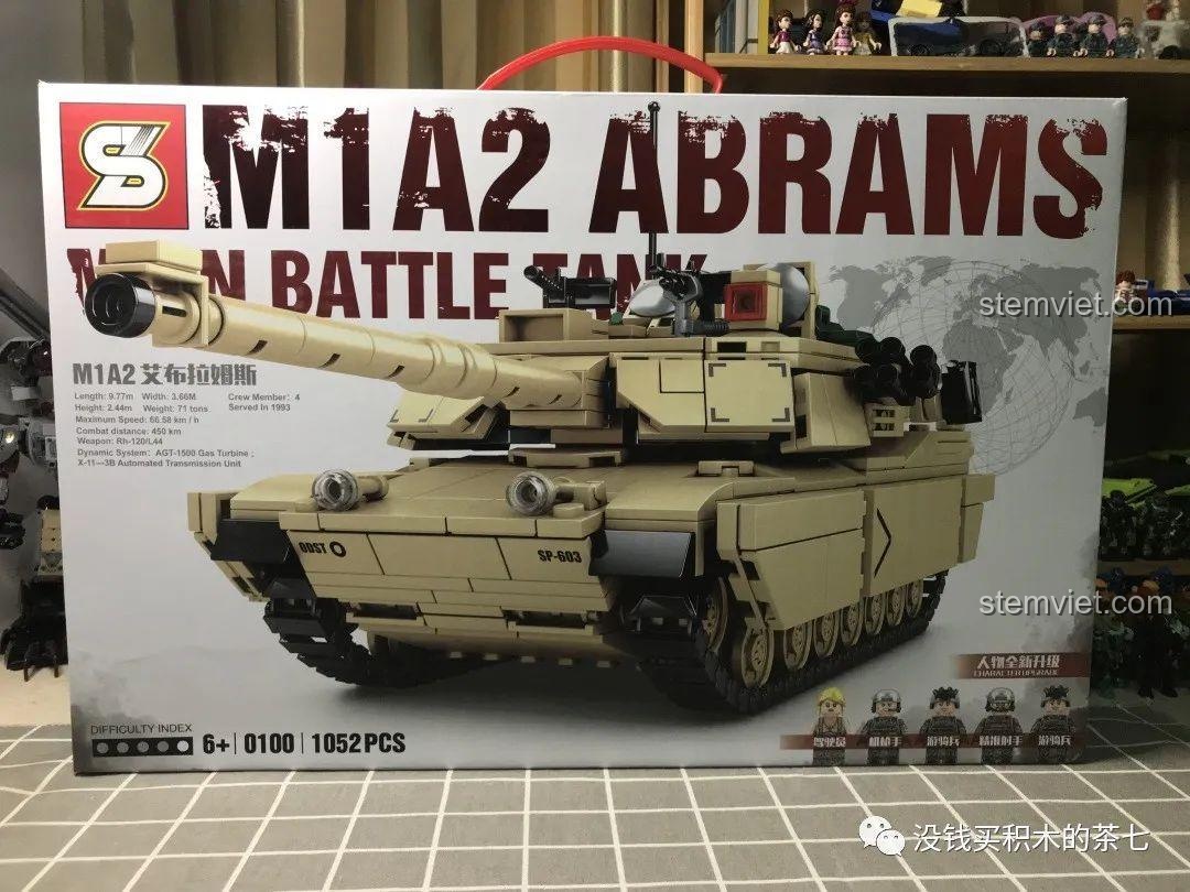 Hộp sản phẩm bộ lắp ráp JiaZhi 0100 Xe Tăng M1A2 Abrams với hình ảnh mô hình hoàn chỉnh và thông số kỹ thuật.